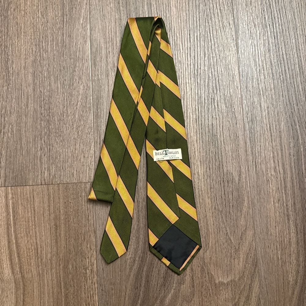 Vintage bill tomlin Olive and Yellow Striped Men's Tie - Picture 3 of 6